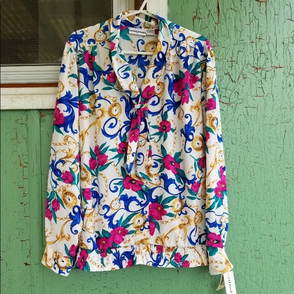 Vintage 80s Alfred Dunner Tie Neck Printed Blouse NWT - Picture 2 of 5
